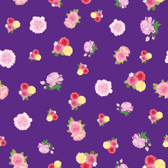 Seamless pattern with roses and peonys on purple background