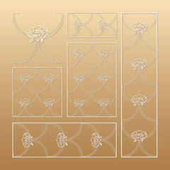 Laser cut vector panels (ratio: 1:1, 1:4, 2:1, 2:3, 3:1). Cutout wedding silhouette with ropes and flowers. The set is suitable for engraving, laser cutting wood, metal, stencil manufacturing.