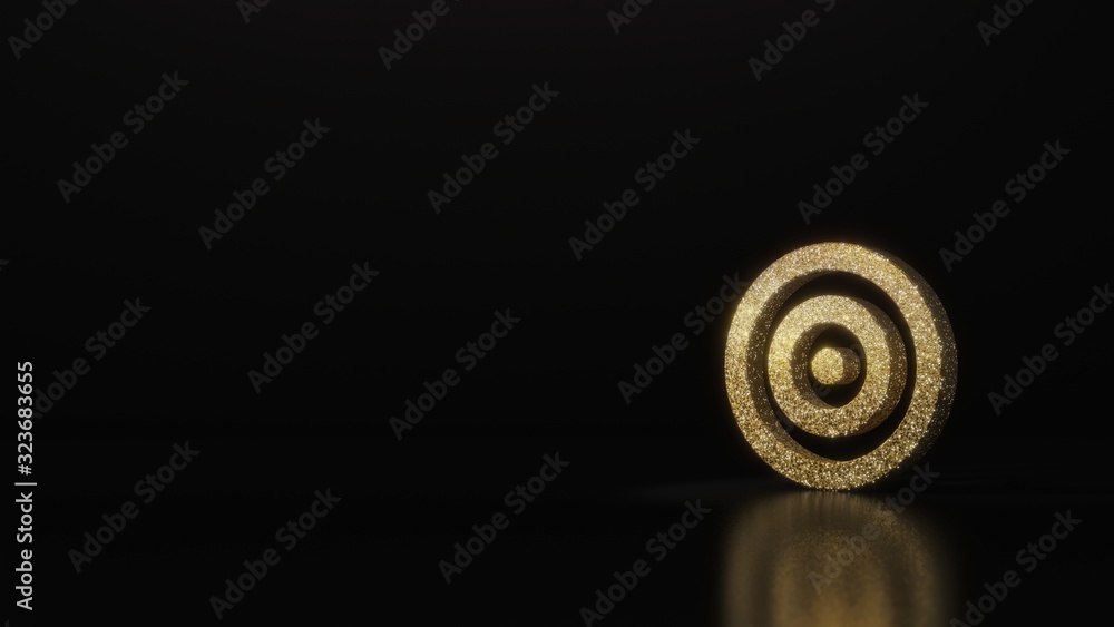 Poster science glitter gold glitter symbol of target 3d rendering on dark black background with blurred ref