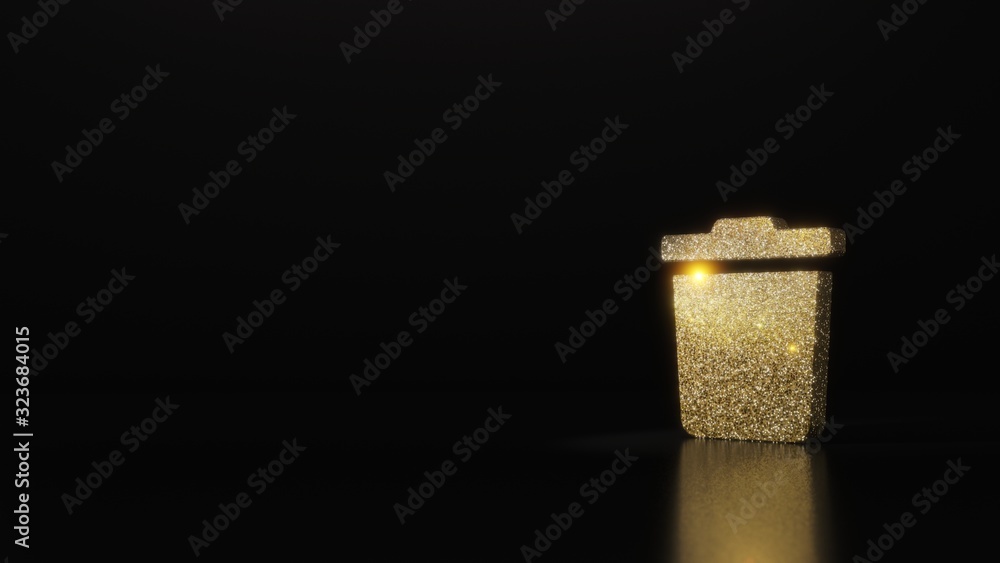 Poster science glitter gold glitter symbol of trash 3d rendering on dark black background with blurred refl