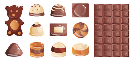 Set of colorful chocolate desserts and candies from boxes for a lunch snack or coffee break. Tasty delicious. Vector illustration on white background