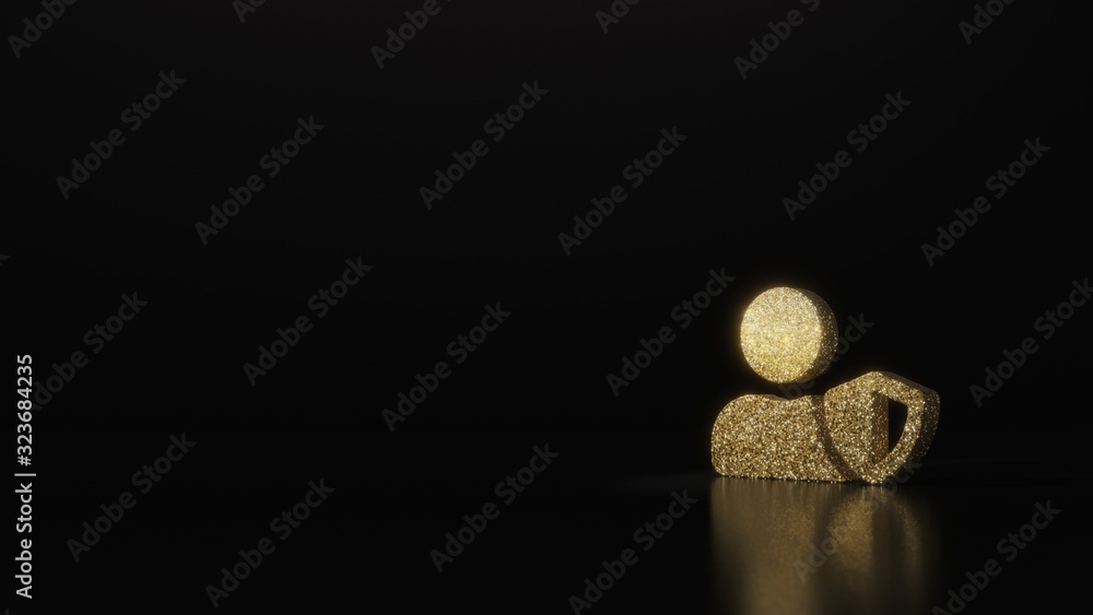 Poster science glitter gold glitter symbol of user shield 3d rendering on dark black background with blurre