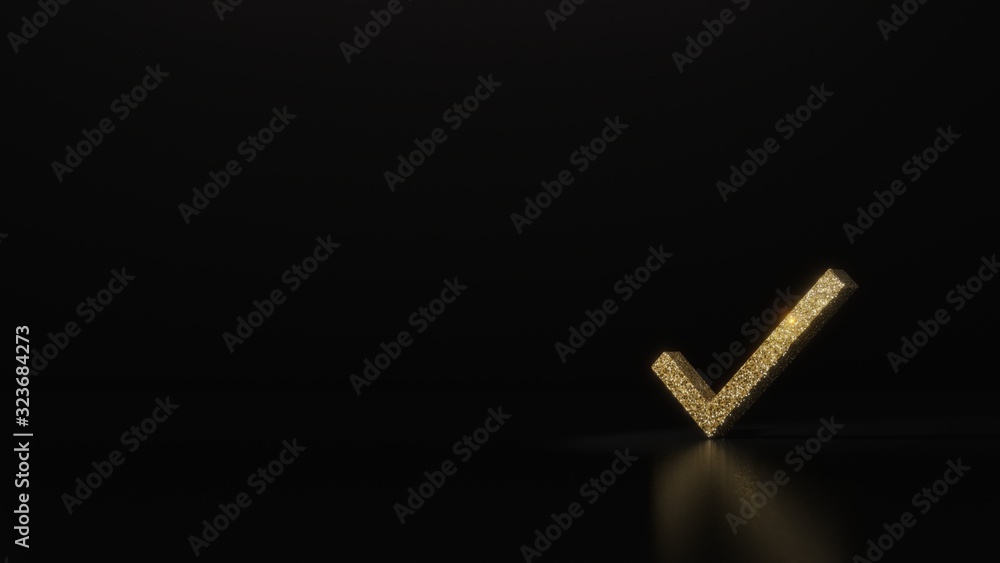 Poster science glitter gold glitter symbol of verification mark 3d rendering on dark black background with 