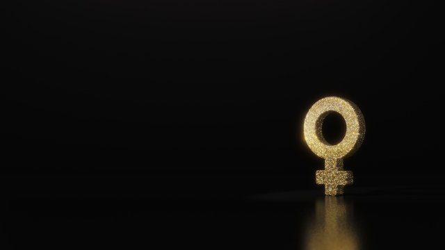 science glitter gold glitter symbol of Venus 3D rendering on dark black background with blurred reflection with sparkles