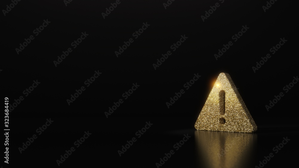 Poster science glitter gold glitter symbol of warning 3d rendering on dark black background with blurred re