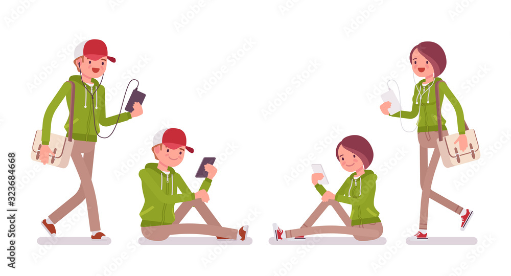 Wall mural Young man, woman with smartphone, phone talking, listening in headphones wearing hoodie jacket. Smart people in casual hoody, youth fashion hooded sweatshirt. Vector flat style cartoon illustration - Wall murals