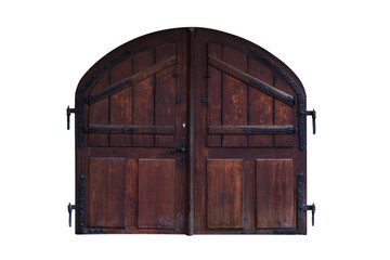 Retro brown wooden entrance gates on white background