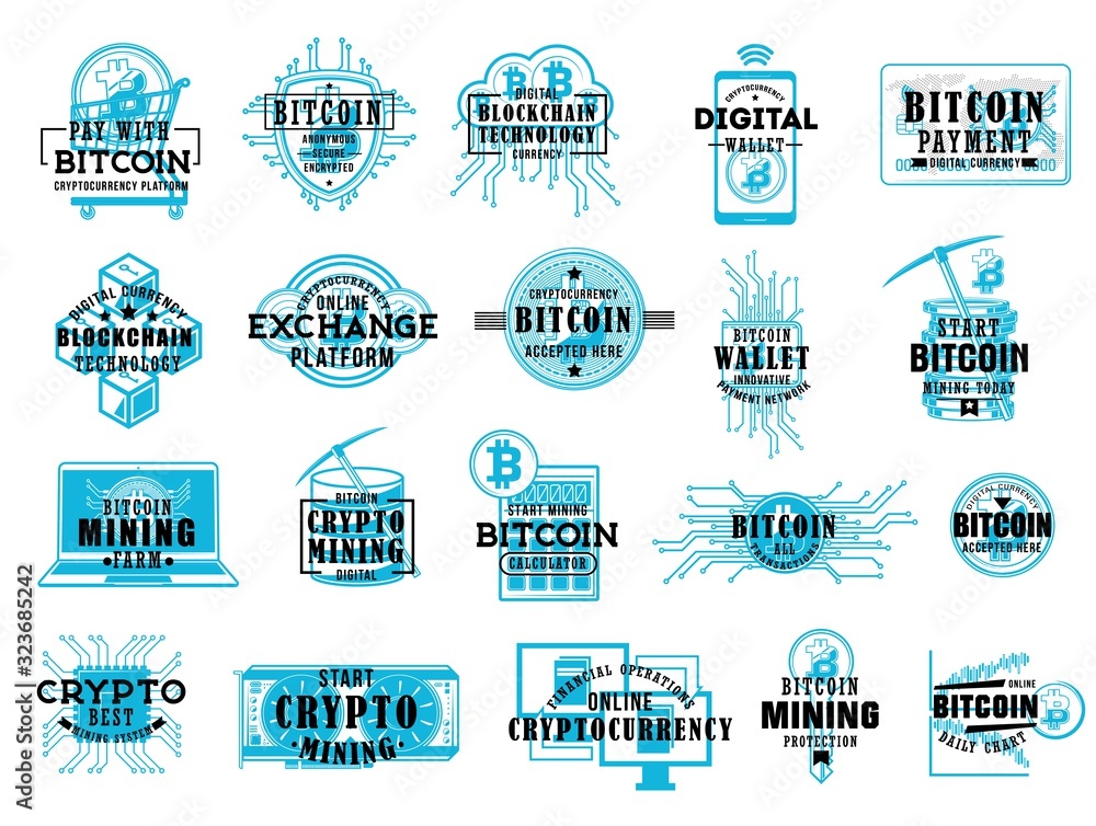 Leinwandbilder bitcoin lettering icons of cryptocurrency and blockchain technology sketches. vector crypto currency