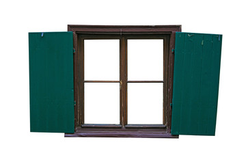 Retro  frame- opened window with green wooden shutters on white background