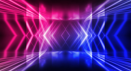 Background of empty stage show. Neon blue and purple light and laser show. Laser futuristic shapes on a dark background. Abstract dark background with neon glow