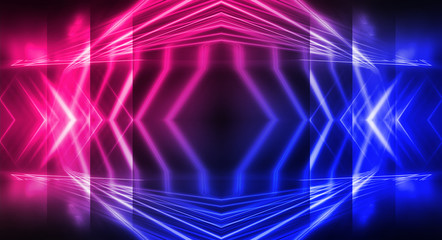 Background of empty stage show. Neon blue and purple light and laser show. Laser futuristic shapes on a dark background. Abstract dark background with neon glow