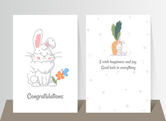 Two banners with funny cute bunny. Hand drawn rabbit seated with color flowers and another rabbit seated lean on carrots. Vector illustration in flat style