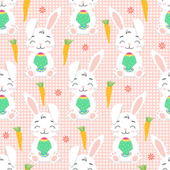 Obraz na płótnie Canvas Hand drawn seamless pattern of cute cartoon character rabbit with egg, carrot, flower. Сolorful doodle Bunny vector illustration for Easter, greeting card, invitation, wallpaper, wrapping paper.