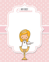 My first communion card. Girl sitting on a chalice and with a white dove