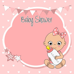 Baby shower card. Baby girl with bottle. Space for text