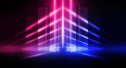 Background of empty stage show. Neon blue and purple light and laser show. Laser futuristic shapes on a dark background. Abstract dark background with neon glow