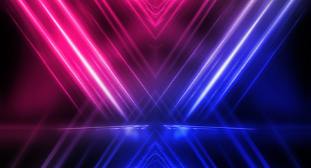 Fototapeta premium Background of empty stage show. Neon blue and purple light and laser show. Laser futuristic shapes on a dark background. Abstract dark background with neon glow