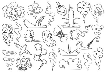 Explosion with smoke cloud. Fog flat isolated clipart for advertising posters, effects and design. Cartoon white smoke. Vector illustration. Sketch style