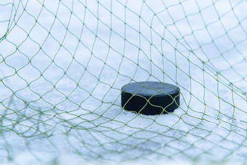 goal scored by a hockey puck in the goal net