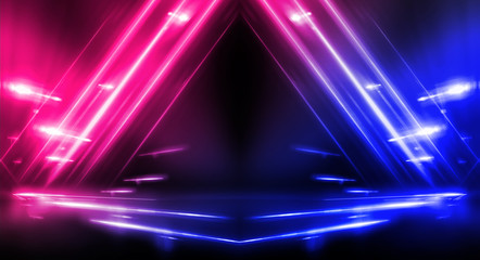 Plakat Background of empty stage show. Neon blue and purple light and laser show. Laser futuristic shapes on a dark background. Abstract dark background with neon glow