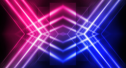 Background of empty stage show. Neon blue and purple light and laser show. Laser futuristic shapes on a dark background. Abstract dark background with neon glow
