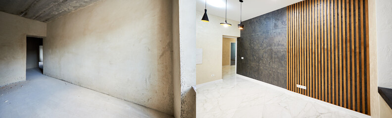 Renovation concept, new kitchen before renovation works vs after, creative modern interior design...