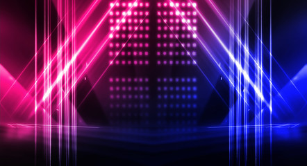 Background of empty stage show. Neon blue and purple light and laser show. Laser futuristic shapes on a dark background. Abstract dark background with neon glow