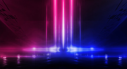 Background of empty stage show. Neon blue and purple light and laser show. Laser futuristic shapes on a dark background. Abstract dark background with neon glow