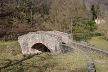 Fototapeta na wymiar Vieux pont de pierre médiéval dans la montagne des pyrénées en vallespir