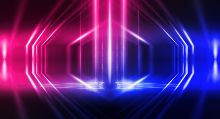 Background of empty stage show. Neon blue and purple light and laser show. Laser futuristic shapes on a dark background. Abstract dark background with neon glow