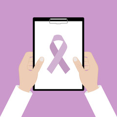 Holding a clipboard. Awareness purple ribbon. Realistic purple ribbon, epilepsy awareness symbol, isolated on violet background.