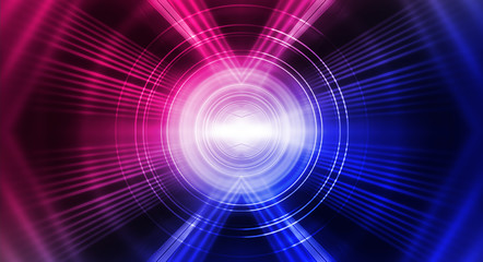 Background of empty stage show. Neon blue and purple light and laser show. Laser futuristic shapes on a dark background. Abstract dark background with neon glow