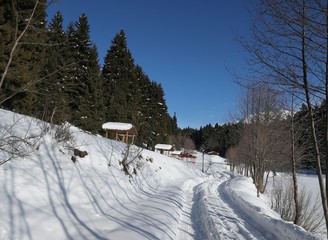 Wooden picnic gazebo in the snow-covered .Savsat/artvin/turkey