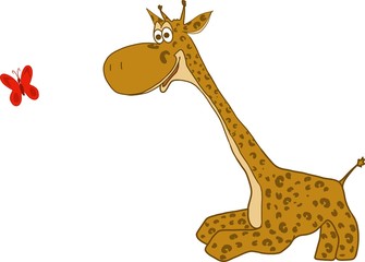 Sketch, baby giraffe catches a red grandmother. Suitable for emblem, symbol, logo, advertisement, label, fabric pattern