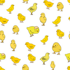 Seamless pattern with chickens on a white background. Contour drawing.Scrawl.Drawing for the Easter holiday. Little chicken.Bird house.Vector