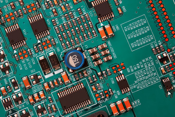 Electronic circuit board close up.