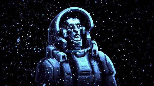 Astronaut vj loop 2D animation. Cool science fiction spaceman video clip. Serious man character in space suit. Starry sky rotate. Day of astronautics. Animated short film. Black and blue background. 