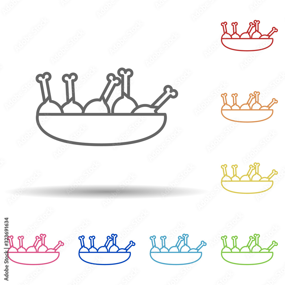 Poster fried chicken legs in plate in multi color style icon. simple thin line, outline vector of fast food