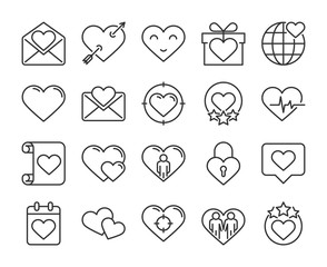 Heart icons. Heart touching and Romantic messages line icon set. Vector illustration. Editable stroke.