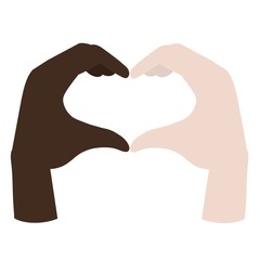 Fototapeta premium Hands of different skin color making heart sign. Interracial love symbol. Friendship, support between cultures. 