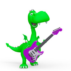 Fototapeta premium baby dragon cartoon is playing guitar in a white background