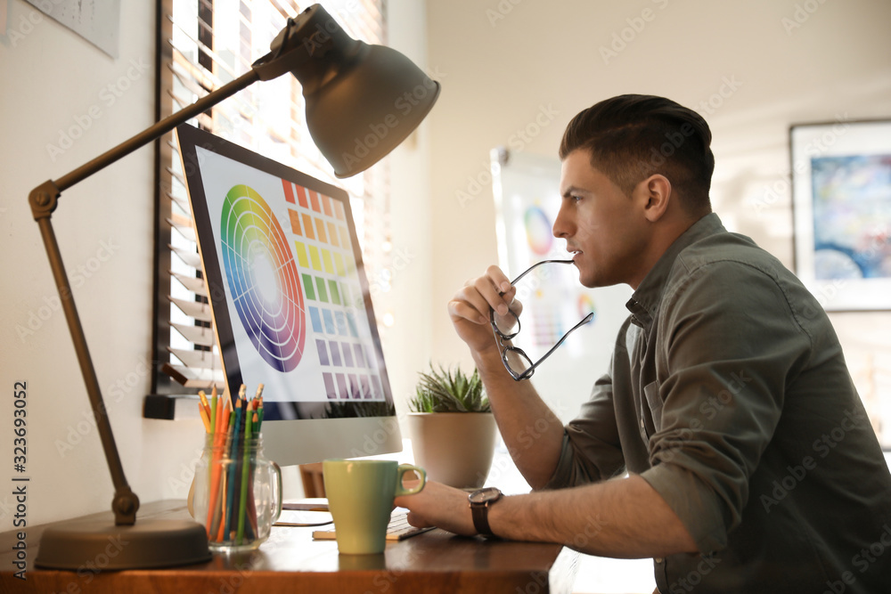 Poster professional designer working with computer in office