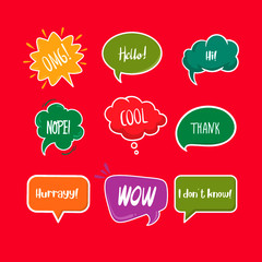 Set of Colorful Speech Bubbles with different wording and expressions for facebook and instagram posts. new cool speech bubbles in cute colors. speech bubbles.