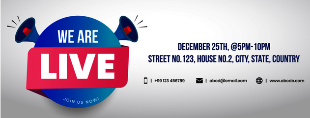 We are live join us facebook cover with two blue megaphone speakers in white background. Join us we are live facebook announcement cover with megaphones. Business opening announcement banner