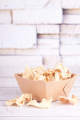 Dried dehydrated sweet potato chips. Delicious organic eco-friendly snack for the whole family. Healthy eating concept.