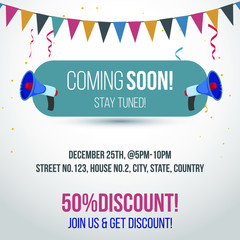 Coming Soon post for social media marketing in colorful banner with announcer for facebook and twitter.coming soon announcement poster with megaphones.50 percent discount advertisement.