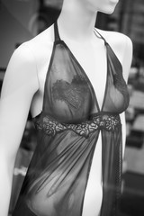 closeup of black transparent nightie on mannequin  in underwear fashion store showroom