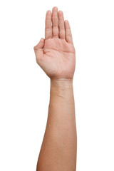 Male Asian hand gestures isolated over the white background. Touch Action.