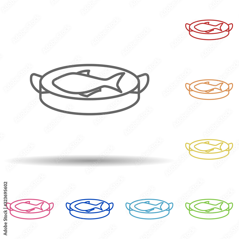 Poster small fish on the board in multi color style icon. simple thin line, outline vector of food icons fo