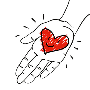 Give away his heart - Hand with decorative red-pink heart- hand-drawn vector illustration for banners, cards